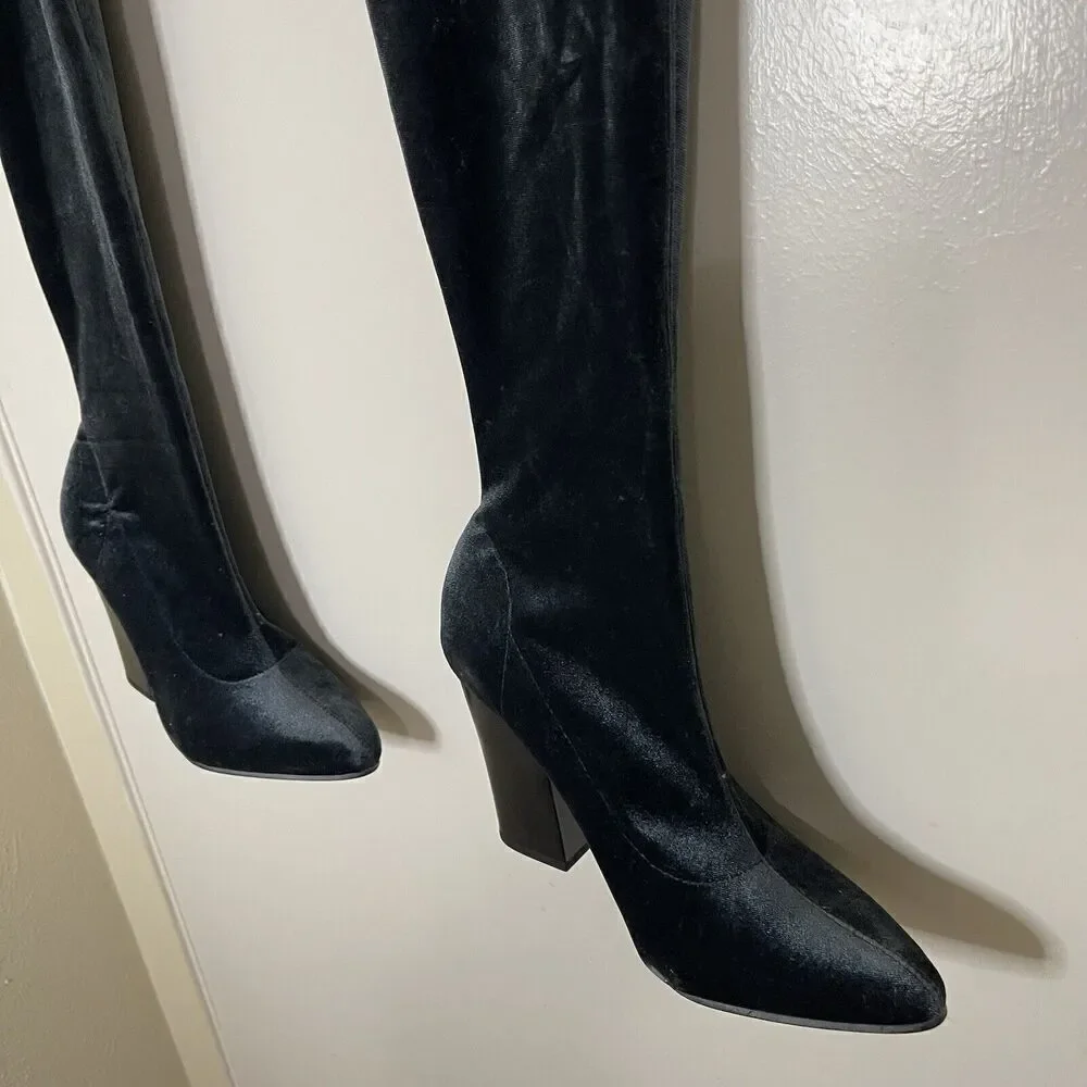 ZARA teal blue point toe velvet velour thigh high sock heeled boots 37 US 6.5